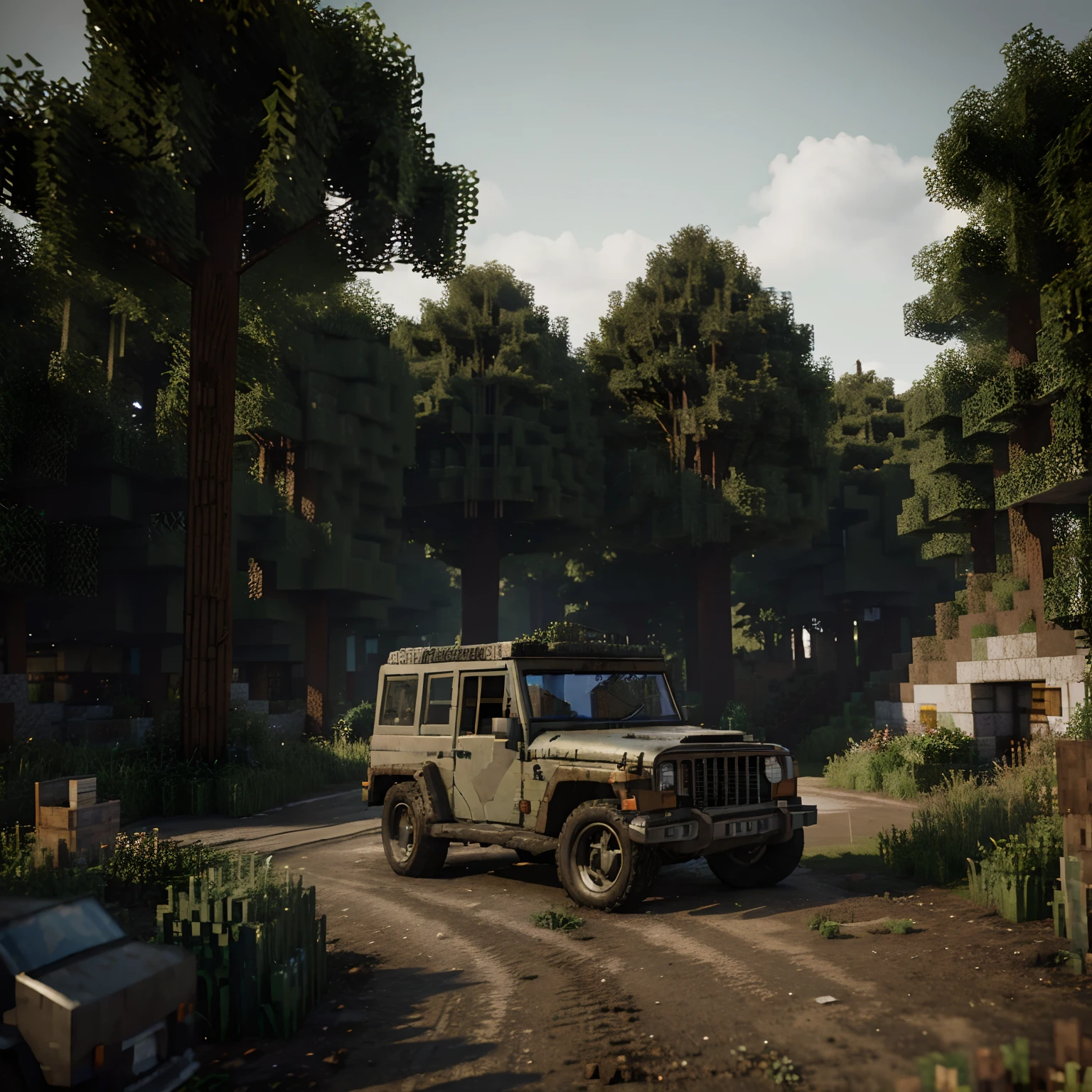 (best quality,highres,masterpiece:1.2),ultra-detailed,realistic:1.37,photography,jeep,1950s,black,street,off-road vehicle,nature,forest,muddy road,earth road,minimalist style,mixed with Minecraft style,retro,vintage,classic car,old-fashioned,aged,weathered, vintage car, parked,still,stagnant,dirt road,moody atmosphere,dim lighting,shadows,texture,gritty-details,photorealistic(minecraft style),pixelated effect,blocky,low-poly,high contrast,perspective,angle,composition,trees,foliage,leaves,greenery,white clouds in the sky