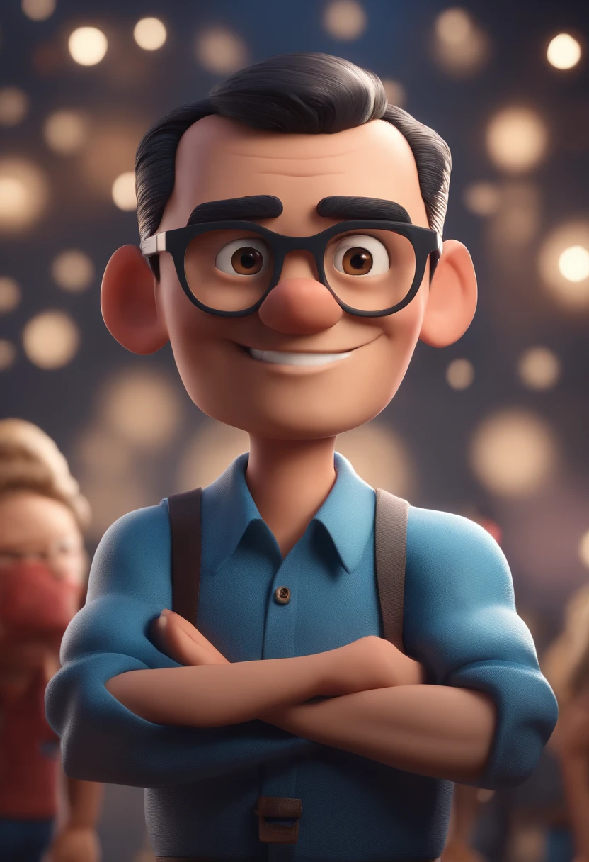Cartoon character of a man with black glasses and a blue shirt, animation character, Caractere estilizado, animation style rendering, 3D estilizado, Arnold Maya render, 3 d render stylized, toon render keyshot, Personagem 3D, Personagem 3D, 3d rendering stylized, 3 d character render, personagem de desenho animado, Personagem de close up, Pose de personagem,  (Estilo Pixar) (master part:1.2) (Bokeh) (best quality) (pele detalhada) (textura detalhada) (8k) (argila) (Cinematic lighting) (foco nítido