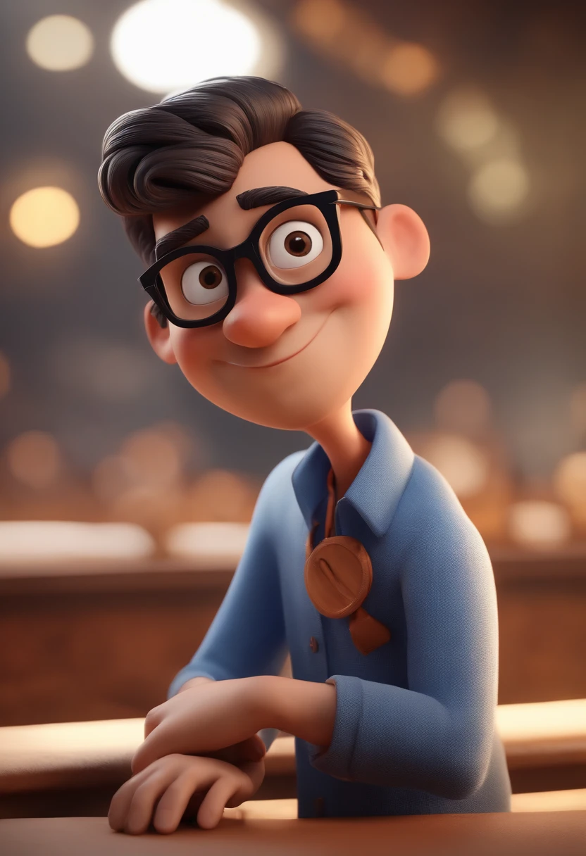 Cartoon character of a man with black glasses and a blue shirt, animation character, Caractere estilizado, animation style rendering, 3D estilizado, Arnold Maya render, 3 d render stylized, toon render keyshot, Personagem 3D, Personagem 3D, 3d rendering stylized, 3 d character render, personagem de desenho animado, Personagem de close up, Pose de personagem,  (Estilo Pixar) (master part:1.2) (Bokeh) (best quality) (pele detalhada) (textura detalhada) (8k) (argila) (Cinematic lighting) (foco nítido