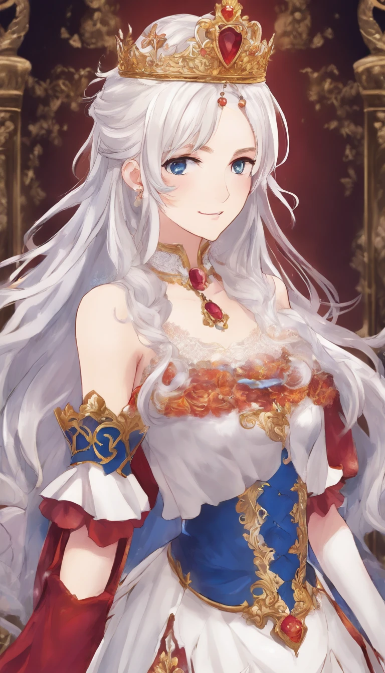 solo, 1girl, (masterpiece), ((20 year old appearance)), adult white hair, short hair, white eyes, anime girl, Golden crown with a ruby in the middle, Blue dress, Throne of ice