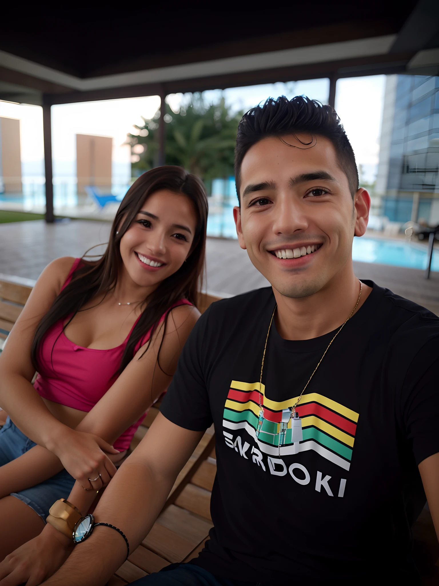 Smiling couple sitting on a bench in a building with a swimming pool in the background, Directed by: Nandor Soldier, caio santos, Directed by: Milton Menasco, 4 k post, Postagem 4k, roge antonio, Retrato tirado 8 K, andrea rocha, Tiro em GoPro9, Malika Favre, Directed by: Samuel Silva, Foto realista