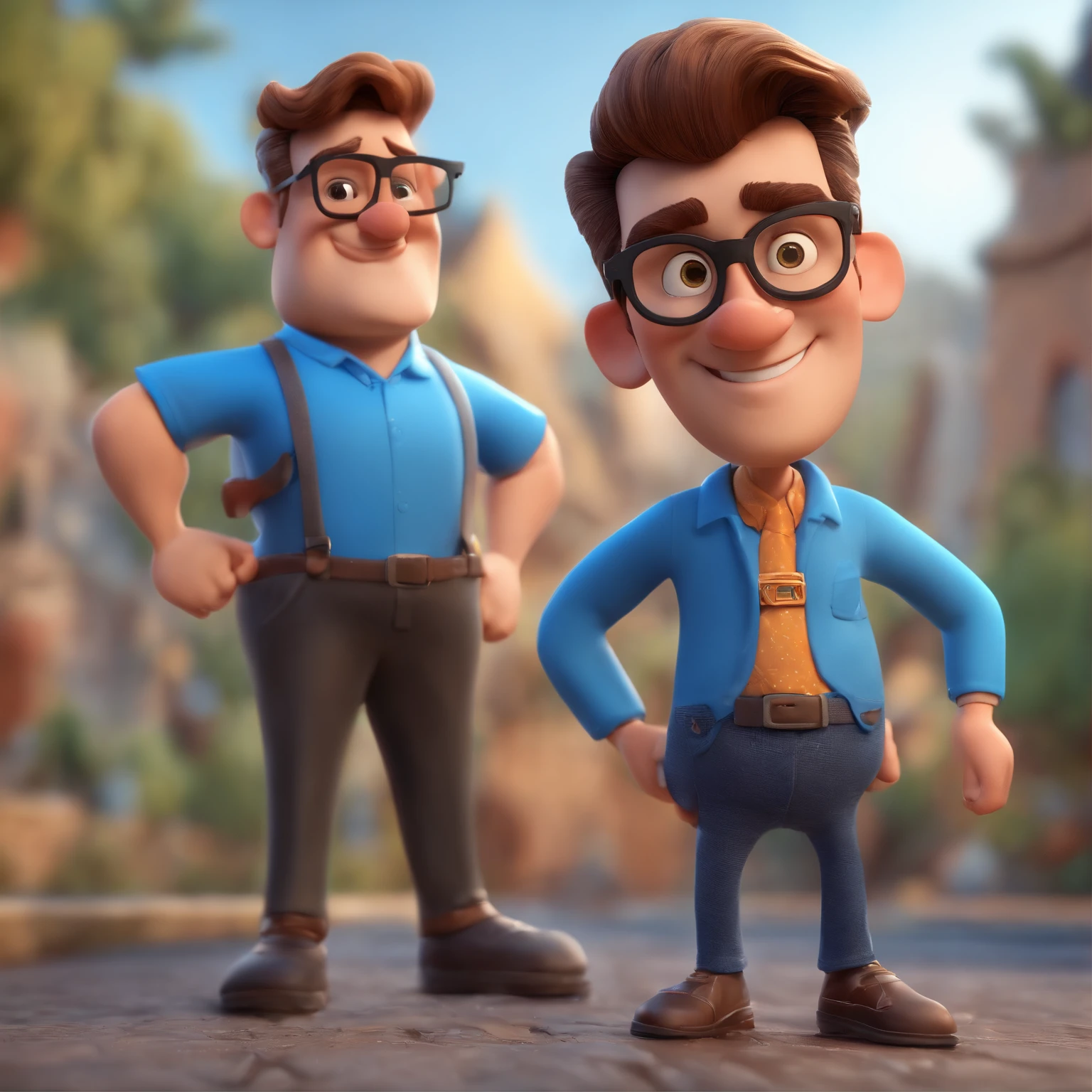 Cartoon character of a man wearing black glasses and a blue shirt, um personagem animado, Caractere estilizado, animation style rendering, 3D estilizado, Arnold Maya render, 3 d render stylized, toon render keyshot, Personagem 3D, Personagem 3D, 3d rendering stylized, 3 d character render, personagem de desenho animado, Personagem de close up, Pose de personagem, (Estilo Pixar) (master part:1.2) (Bokeh) (best quality) (pele detalhada) (textura detalhada) (8k) (argila) (Cinematic lighting) (foco nítido,Senta e vaza a parte superior do corpo