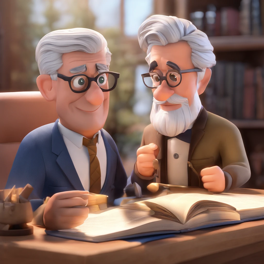 Crie um cartaz inspirado na Disney Pixar com o personagem sendo o pastor Rubens Janier, A gray-haired man wearing glasses, in an office with a Bible on the table, Looking forward and serious