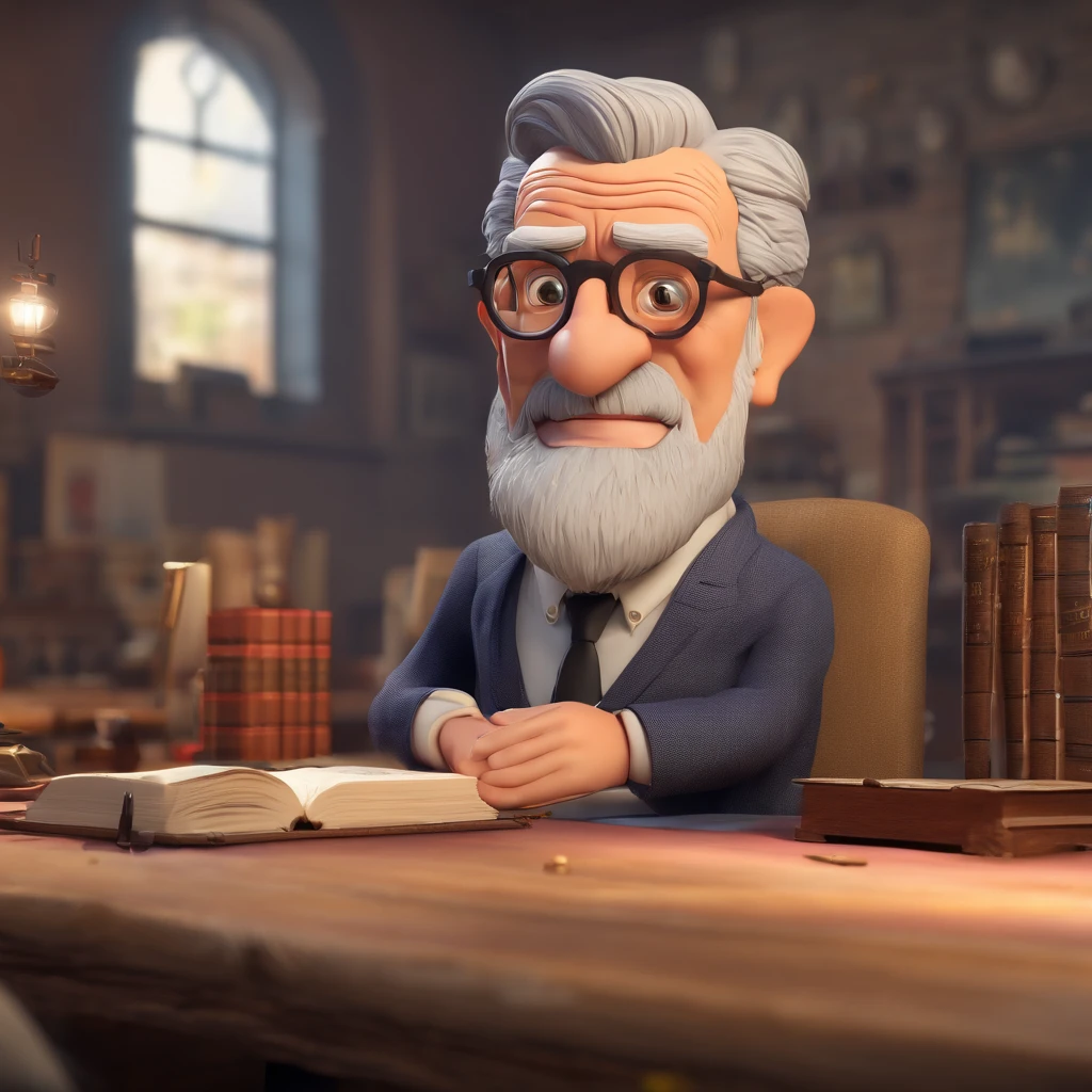 Crie um cartaz inspirado na Disney Pixar com o personagem sendo o pastor Rubens Janier, A gray-haired man wearing glasses, in an office with a Bible on the table, Looking forward and serious