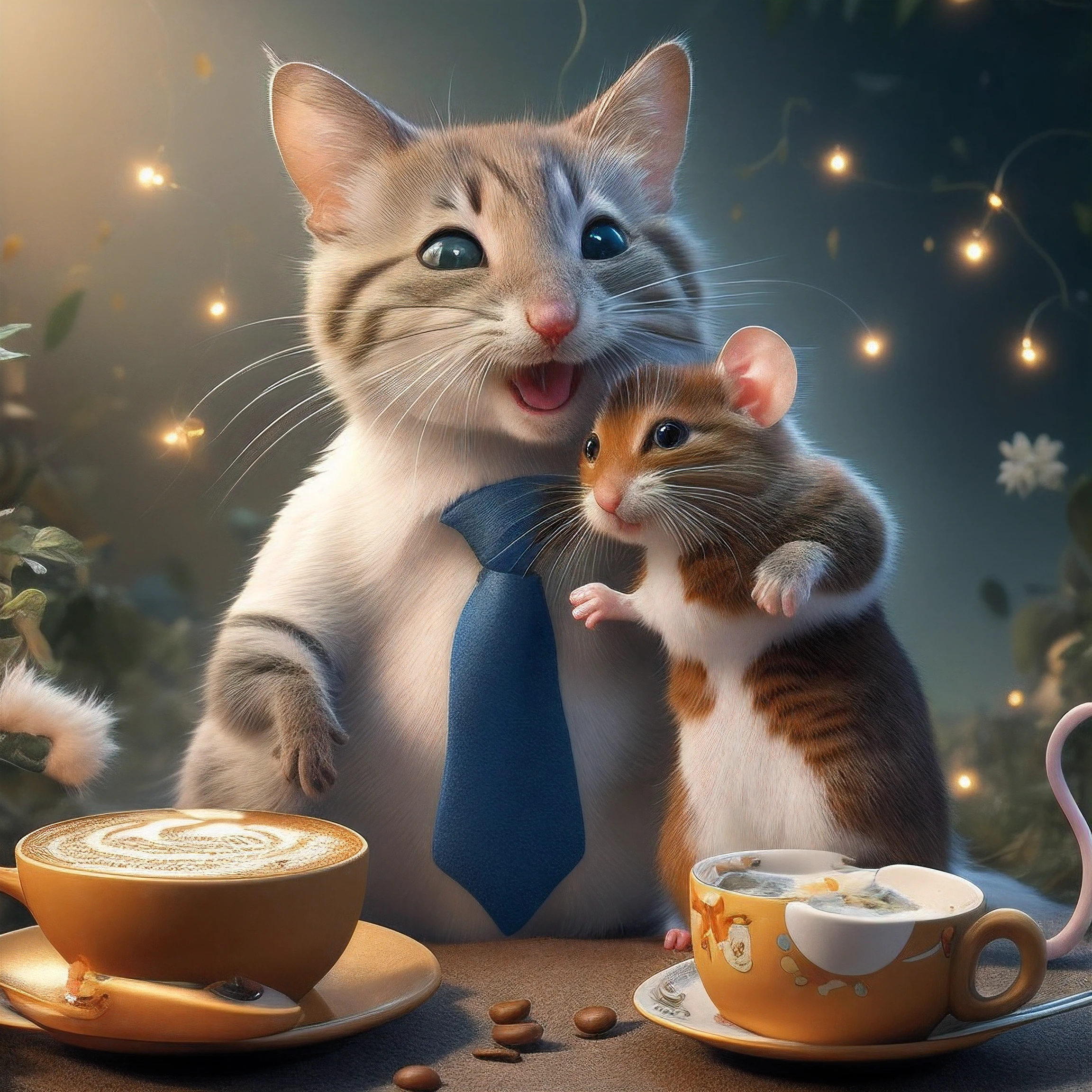 There's a cat and a mouse sitting next to each other, Coffee for mice, Tom y Jerry de la vida real, Lindo renderizado 3D, Adorable pintura digital, artistic render, por Alexander Kucharsky, Mouse and cat hybrid, anthropomorphic mouse, Photo of a hamster on a date, Tom y Jerry, Hermosa obra de arte digital