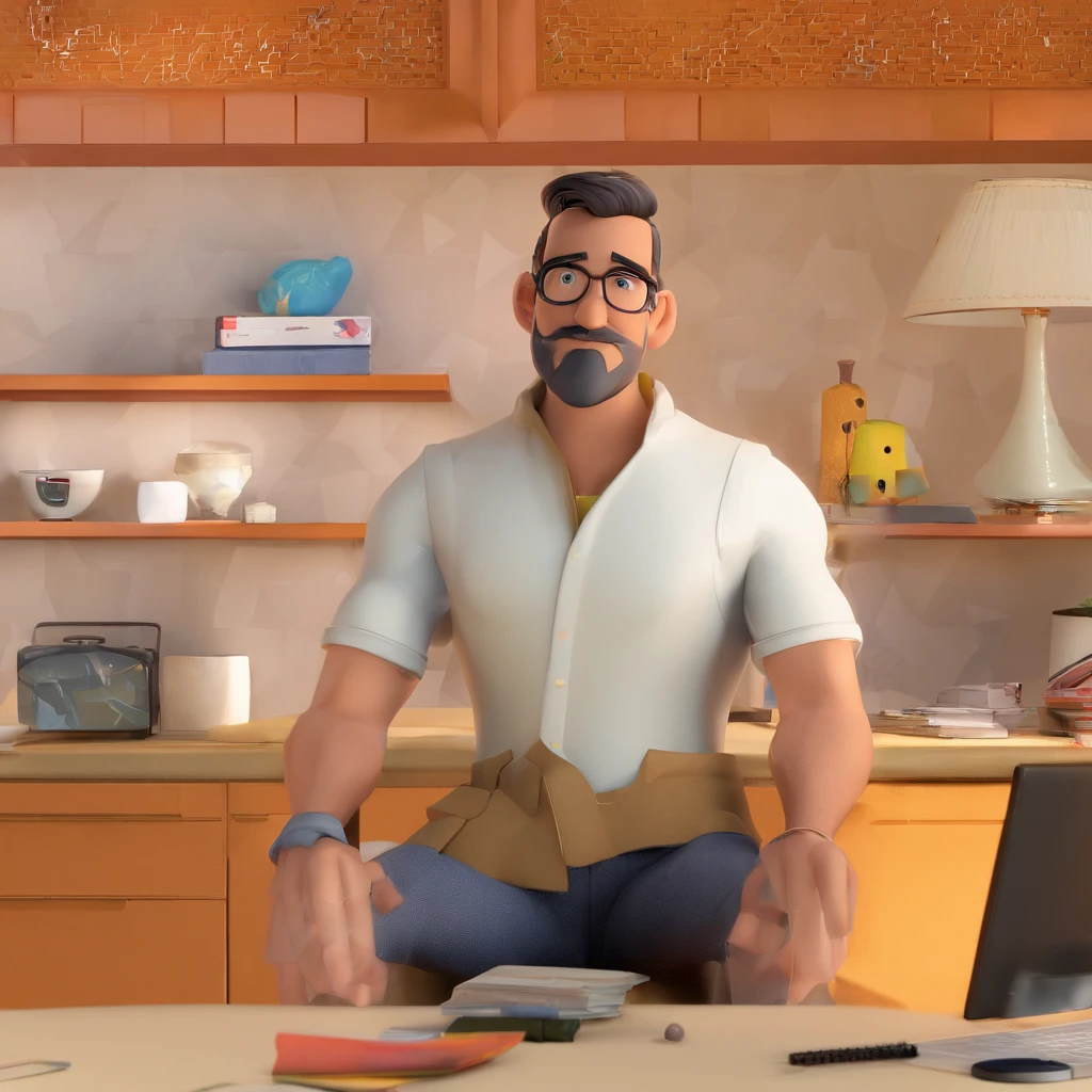 Criar um personagem no estilo Pixar. Trata-se de um homem de 30 anos, com barba, Branco, com cabelos castanhos curtos e um quiff, e olhos castanhos. Ele deve estar na frente de um computador, Trabalhar como designer