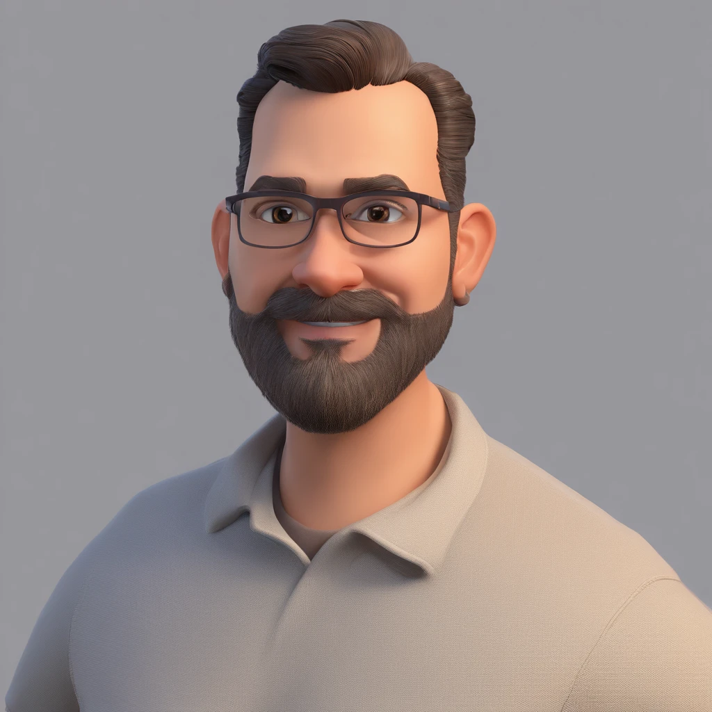 Criar um personagem no estilo Pixar. Trata-se de um homem de 30 anos, com barba, Branco, com cabelos castanhos curtos e um quiff, e olhos castanhos. Ele deve estar na frente de um computador, Trabalhar como designer