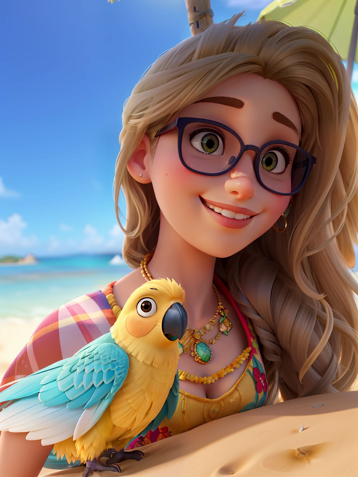 (best quality,4k,highres,masterpiece:1.2),ultra-detailed,realistic,beautiful smiling blonde woman in sunglasses and bikini at the beach,[white and yellow parakeet] perched on her arm and looking at the camera. The woman is standing in the sand with turquoise ocean waves crashing behind her. She has a bright smile on her face and her sunglasses reflect the vibrant colors of the beach. The sunlight shines down on her, highlighting her golden hair and glowing skin. The beach is lined with palm trees and colorful beach umbrellas, creating a tropical paradise atmosphere. The woman's bikini is a vibrant shade of turquoise, complementing the colors of the ocean. The sand is soft and warm, inviting her to relax and enjoy the seaside breeze. The sky is clear with a few fluffy white clouds, adding depth to the scene. The overall image has a warm and inviting tone, capturing the joy and beauty of a perfect beach day. The details of the woman's face, including her eyes, nose, and lips, are beautifully defined, giving her a lifelike and charming look. The parakeet's feathers are meticulously rendered, capturing the intricate patterns and colors of its plumage. The image is rich in hues and textures, bringing out the realism of the subject. The lighting is soft and natural, casting a warm glow on the scene. This prompt will generate a high-quality and visually stunning image of a blonde woman enjoying a sunny day at the beach with a delightful parakeet.