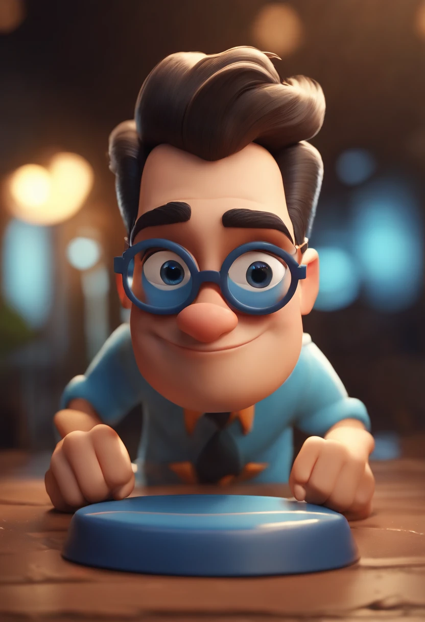 Cartoon character of a man wearing black glasses and a blue shirt, um personagem animado, Caractere estilizado, animation style rendering, 3D estilizado, Arnold Maya render, 3 d render stylized, toon render keyshot, Personagem 3D, Personagem 3D, 3d rendering stylized, 3 d character render, personagem de desenho animado, Personagem de close up, Pose de personagem, (Estilo Pixar) (master part:1.2) (Bokeh) (best quality) (pele detalhada) (textura detalhada) (8k) (argila) (Cinematic lighting) (foco nítido,Senta e vaza a parte superior do corpo