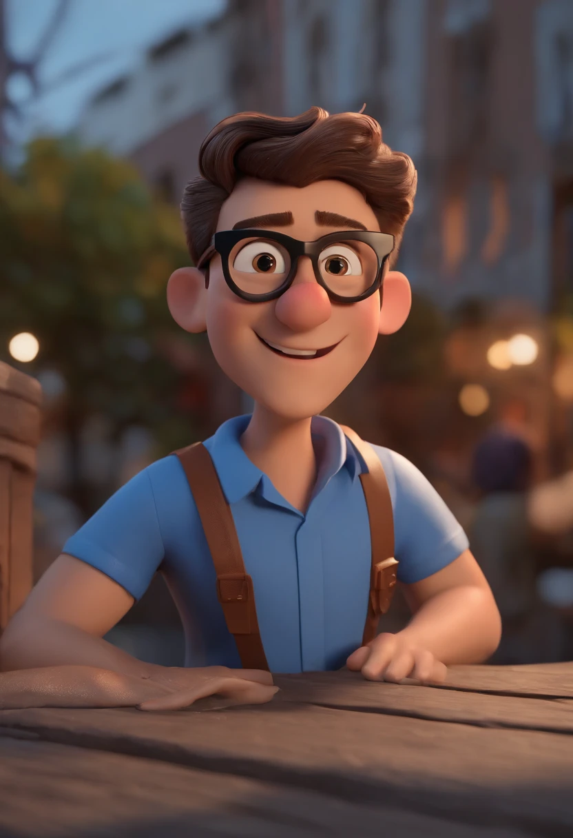 Cartoon character of a man wearing black glasses and a blue shirt, um personagem animado, Caractere estilizado, animation style rendering, 3D estilizado, Arnold Maya render, 3 d render stylized, toon render keyshot, Personagem 3D, Personagem 3D, 3d rendering stylized, 3 d character render, personagem de desenho animado, Personagem de close up, Pose de personagem, (Estilo Pixar) (master part:1.2) (Bokeh) (best quality) (pele detalhada) (textura detalhada) (8k) (argila) (Cinematic lighting) (foco nítido,Senta e vaza a parte superior do corpo