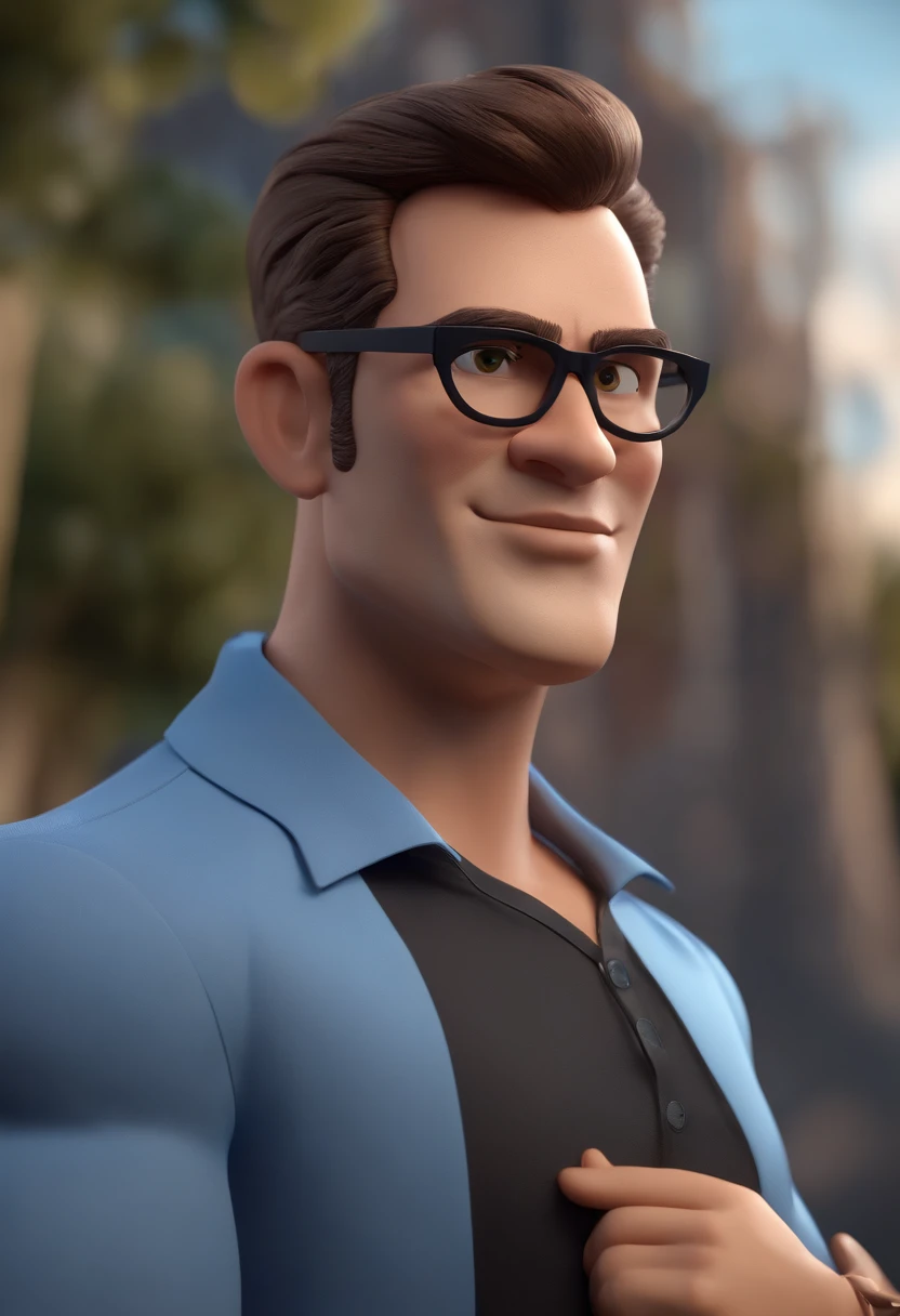 Cartoon character of a man wearing black glasses and a blue shirt, um personagem animado, Caractere estilizado, animation style rendering, 3D estilizado, Arnold Maya render, 3 d render stylized, toon render keyshot, Personagem 3D, Personagem 3D, 3d rendering stylized, 3 d character render, personagem de desenho animado, Personagem de close up, Pose de personagem, (Estilo Pixar) (master part:1.2) (Bokeh) (best quality) (pele detalhada) (textura detalhada) (8k) (argila) (Cinematic lighting) (foco nítido，Senta e vaza a parte superior do corpo