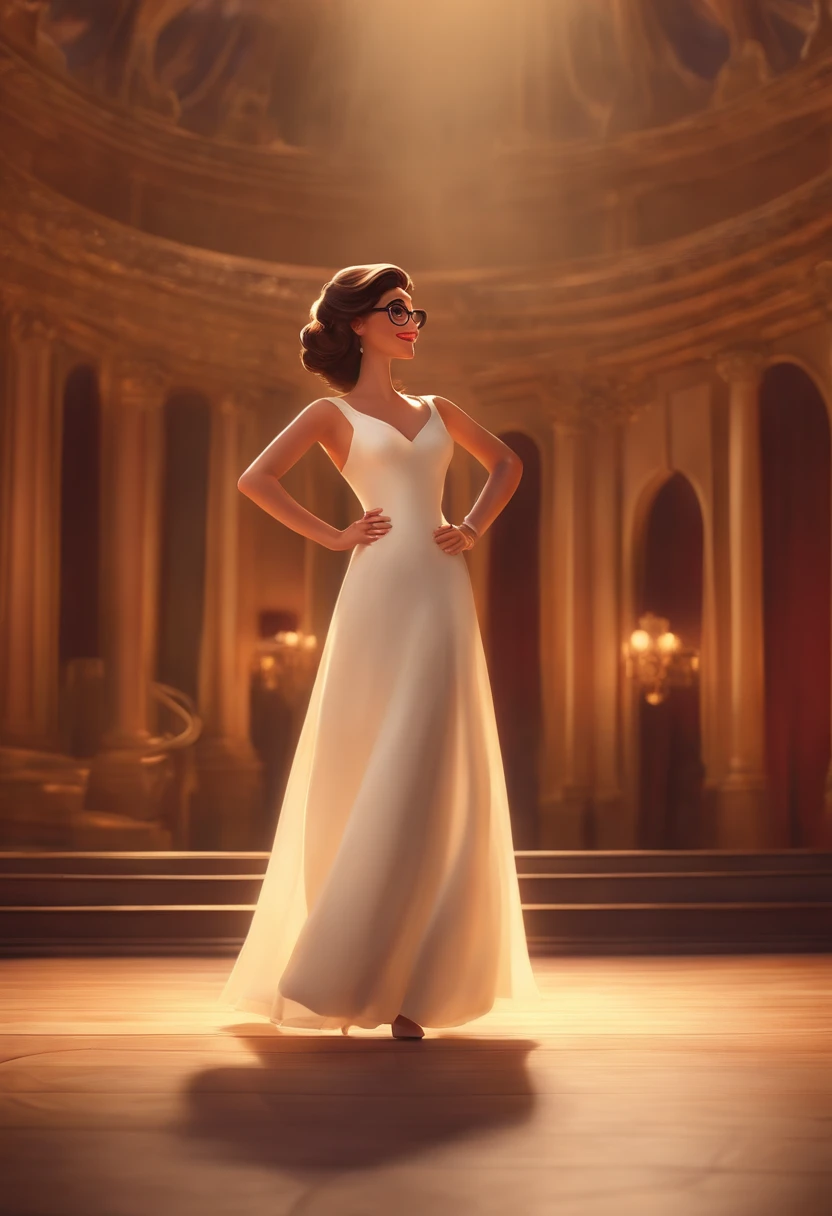 "(best quality,ultra-detalhado,Realistic:1.37),3D rendering,illustration,design de personagens,cabelos encaracolados longos escuros,belos olhos detalhados,wearing white glasses,Estilo Pixar,morena mulher,Dancing on the Disney stage,atmosfera animada,vivid colors,luzes de palco,expression joyful"