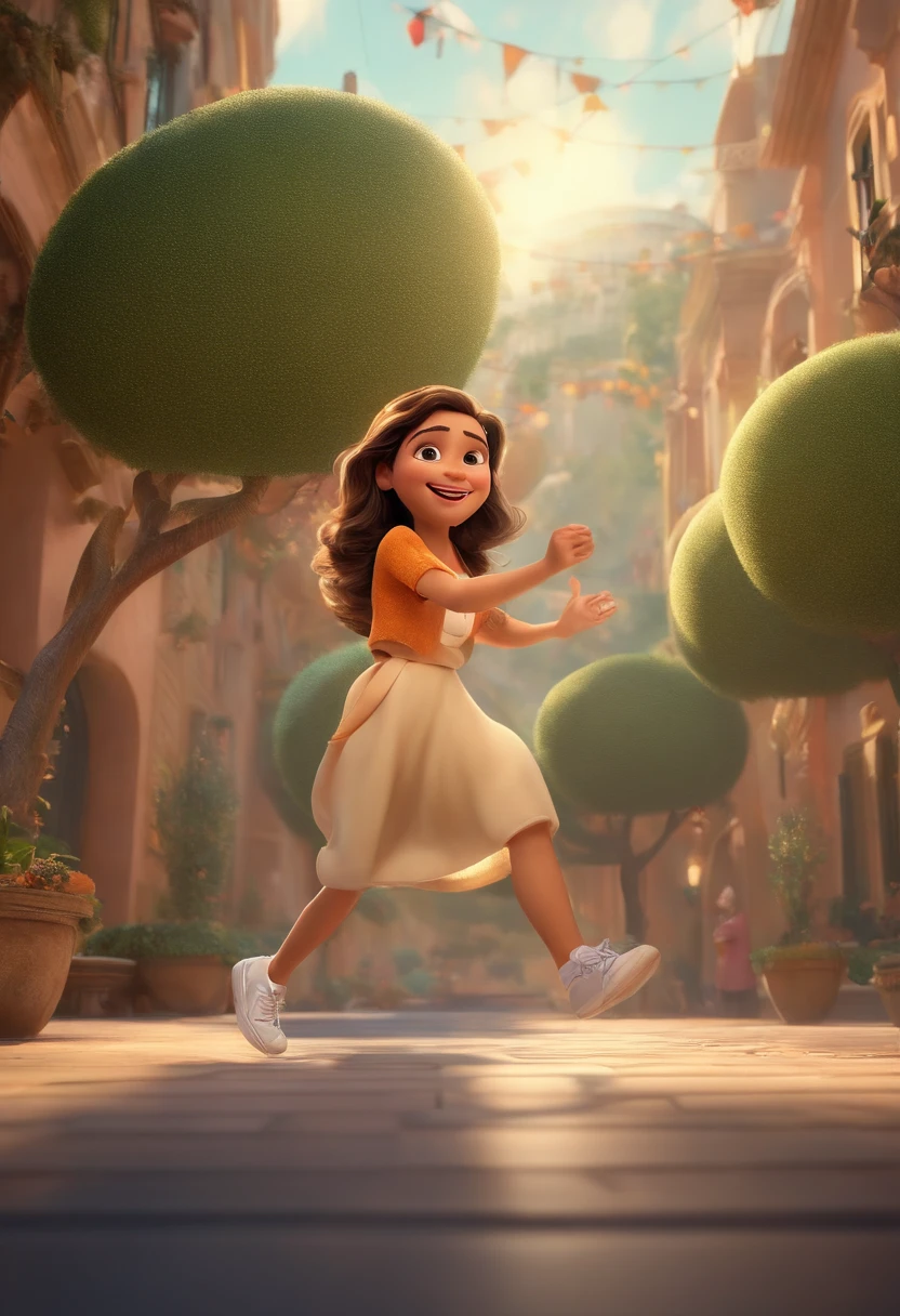 "(best quality,ultra-detalhado,Realistic:1.37),3D rendering,illustration,design de personagens,cabelos encaracolados longos escuros,belos olhos detalhados,wearing white glasses,Estilo Pixar,morena mulher,Dancing on the Disney stage,atmosfera animada,vivid colors,luzes de palco,expression joyful"