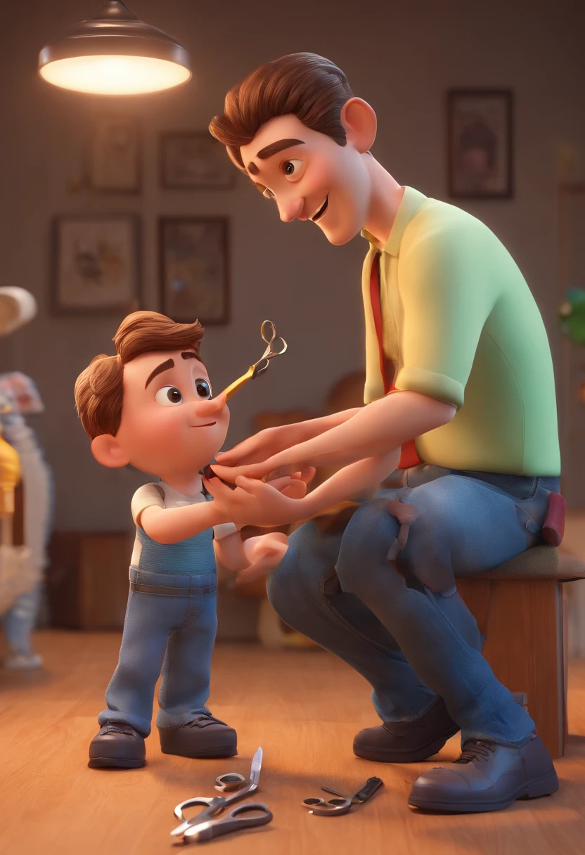 Estilo Pixar: The grown man is holding a naked blue-eyed boy and in his other hand he is holding a pair of scissors and is trying to cut off the boy's testicles,3D Poster,Disney