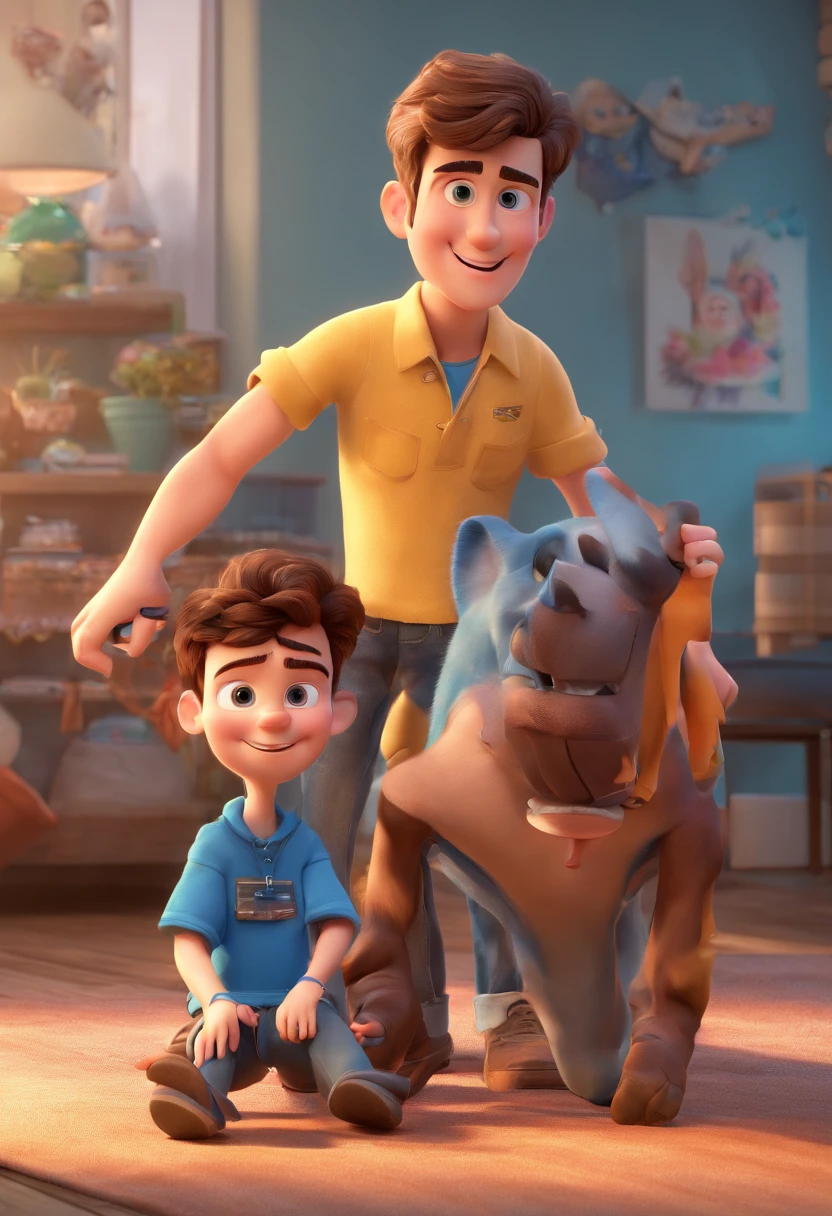 Estilo Pixar: The grown man is holding a naked blue-eyed boy and in his other hand he is holding a pair of scissors and is trying to cut off the boy's testicles,3D Poster,Disney