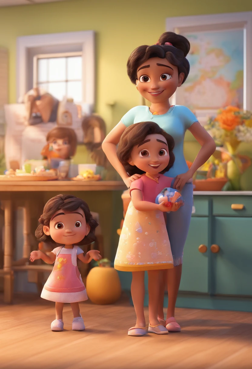Estilo Pixar: Familia, Um pai, A mother and two girls. Uma menino de 6 anos e outro de 2 anos . Uma fazenda com vacas lindas e marrom .