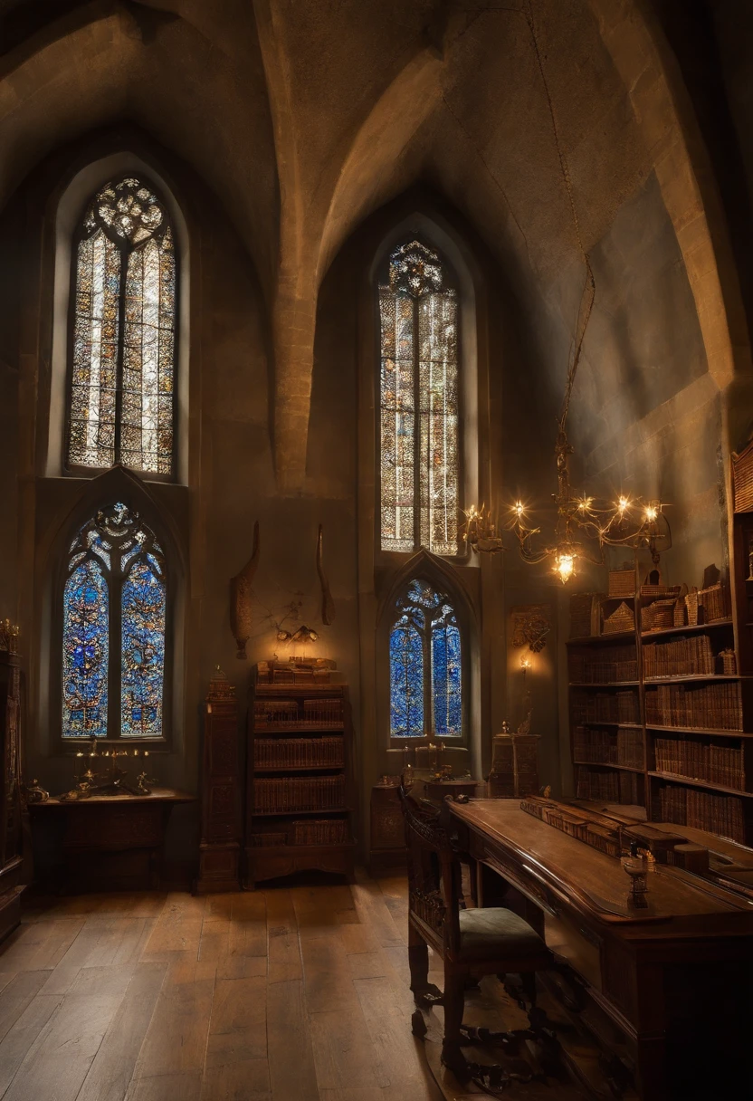 Torres do castelo, Harry Potter, Ravenclaw, Halls, janelas arqueadas, Seda azul pendurada nas paredes, Tetos abobadados pintados com estrelas, tapetes azuis escuros com estrelas, Tabelas, Cadeiras, Shelves on the floor