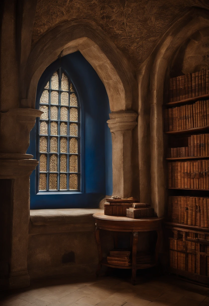 Torres do castelo, Harry Potter, Ravenclaw, Halls, janelas arqueadas, Seda azul pendurada nas paredes, Tetos abobadados pintados com estrelas, tapetes azuis escuros com estrelas, Tabelas, Cadeiras, Shelves on the floor