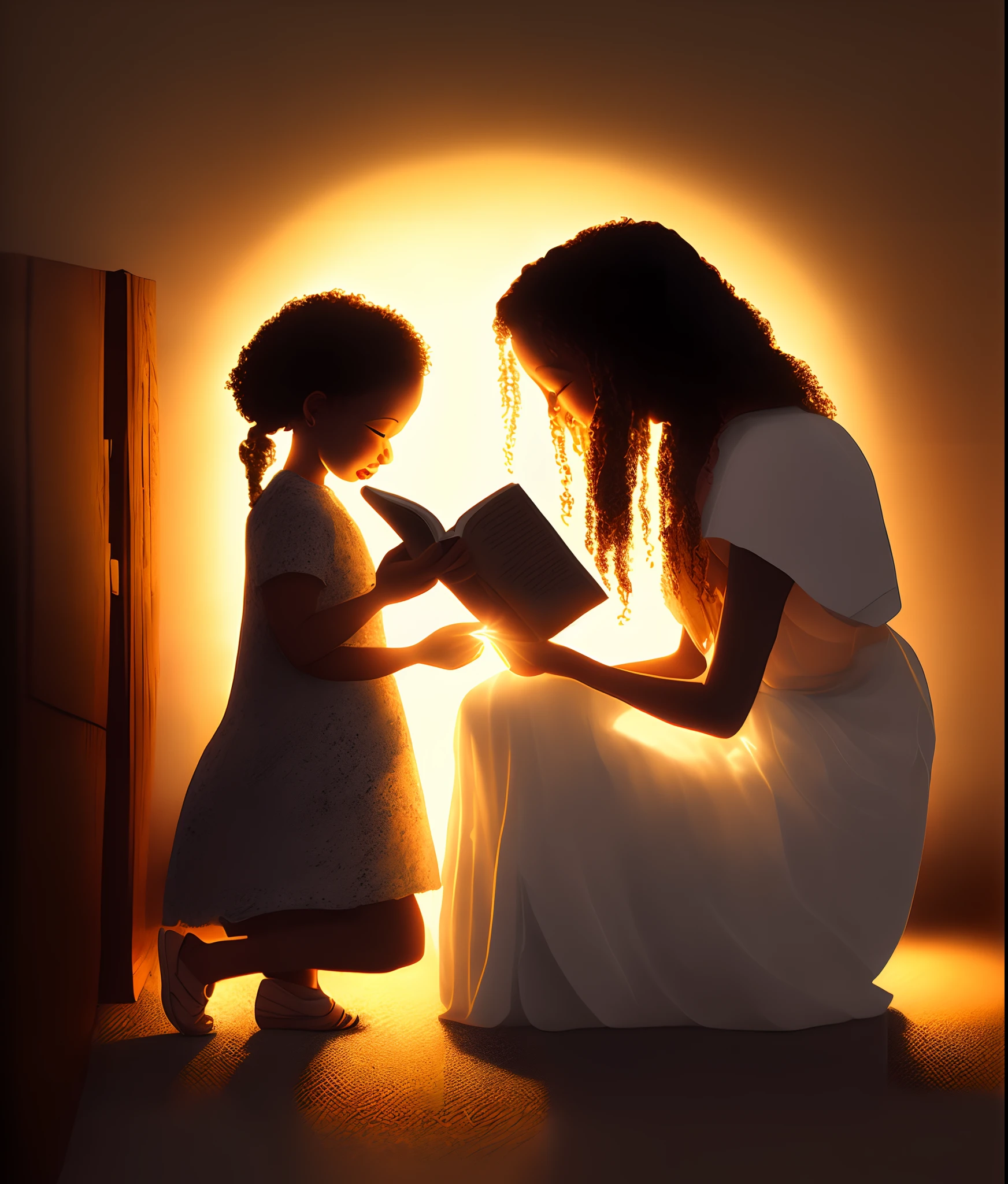 "Poster 3D inspirirado na
Pixar/Disney capturando uma cena com uma
de 17 anolo preto cacheado com rabo de cavalo,com uma pinta na bochecha do lado direito . She's excited reading the bible
showing your happiness in worshipping Jesus.Inside your room and with Jesus by your side
and with lights adding depth to the scene. The title "Jesus e Vic"