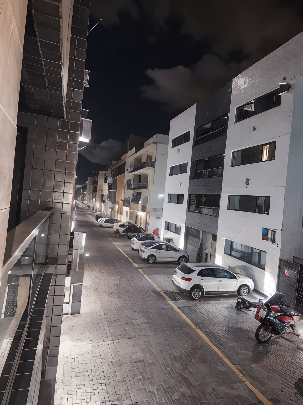 The scene is two buildings facing each other, e em cada janela tem um humano olhando para fora.