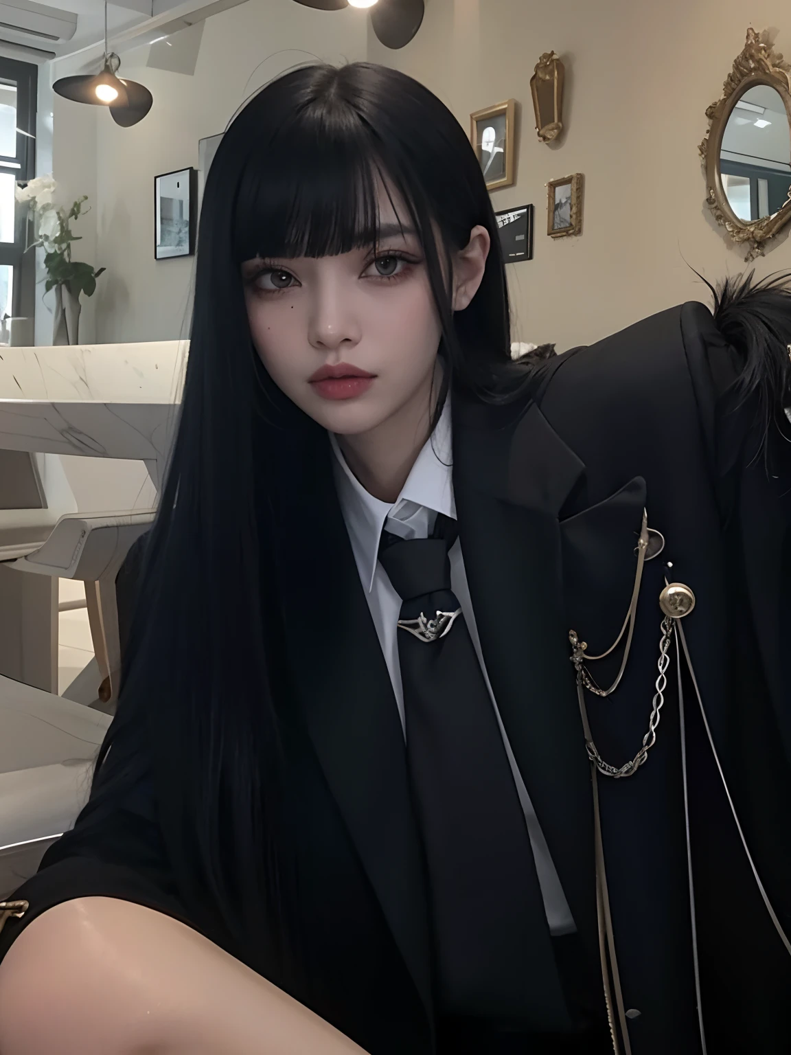 There is a woman with long black hair wearing a black suit and tie, Ela tem cabelo preto com franja, cabelo preto longo com franja, cruel korean goth girl, vestindo um terno nobre preto, 1 7 - year - old anime goth girl, Ulzzang, com longos cabelos pretos, Sui Ishida com cabelo preto, com cabelos longos e olhos penetrantes