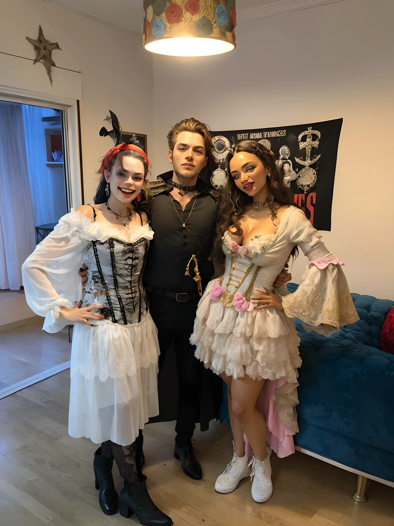 Three costumed people posing for a photo in a living room, Em um estilo de Halloween, com um parceiro pirata do sexo masculino, Trajes, dia das bruxas, Cosplay, halloween celebration, com roupas vitorianas, editing, usando um vestido extravagante, festa punk a vapor, figurino feito com amor, by Amelia Peláez, com dois personagens, Fantasiado, Directed by: Daniel Lieske, Thematic Renaissance