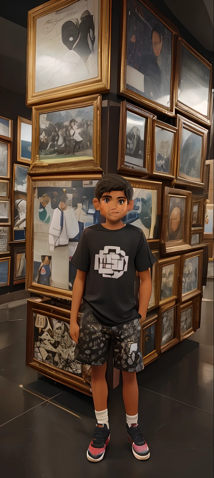 quero um desenho de um de 15 anos sorrindo, de cabelos preto e longo em um museu do futebol. Wearing a black shirt and shorts and sneakers