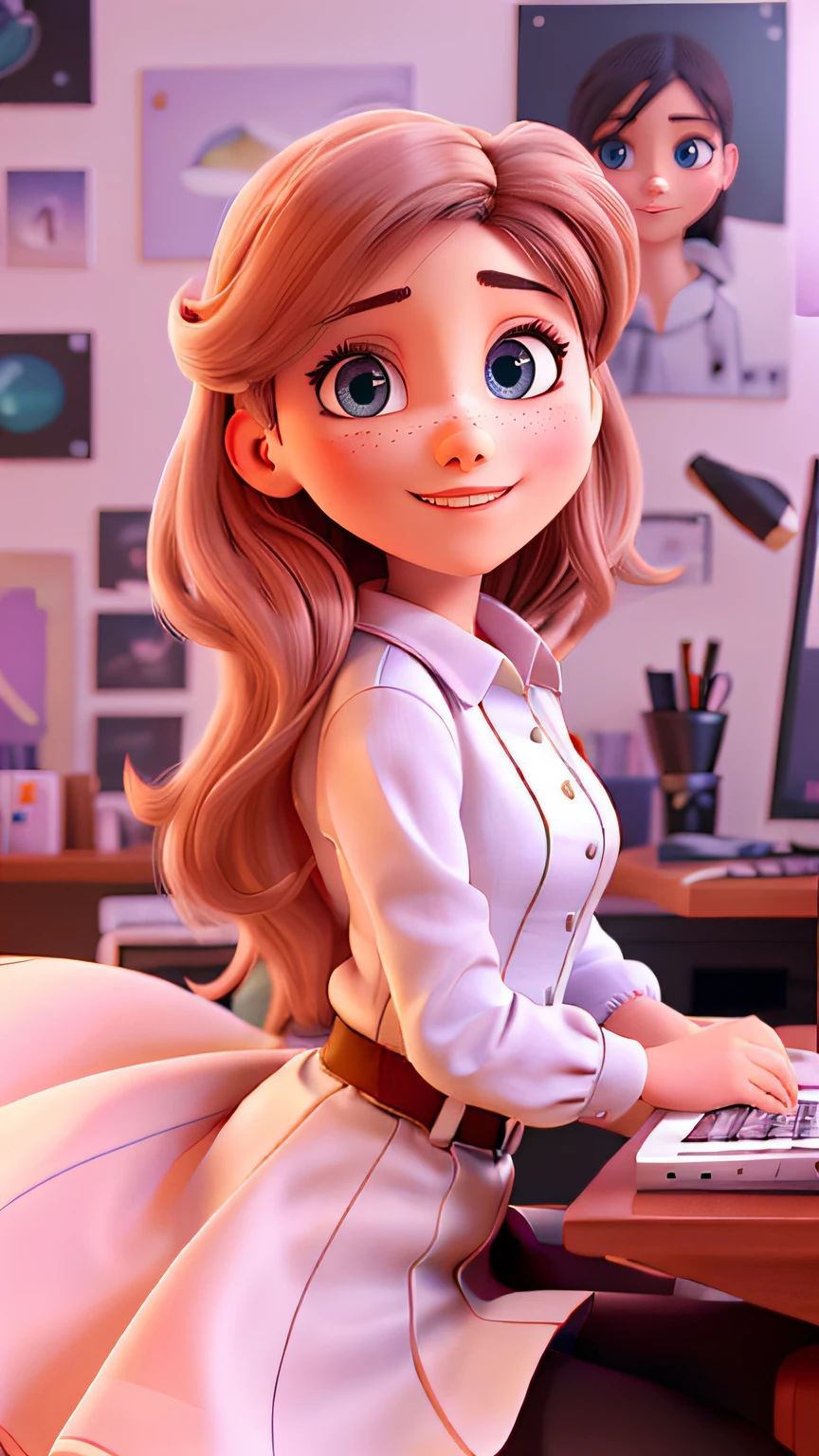 a girl working with aesthetics,illustration,ultra-realistic:1.2,detailed eyes and face,fine art,professional,studio lighting,artistic,clean lines,feminine,colorful palette,bokeh,hair flowing smoothly,sharp focus,highres