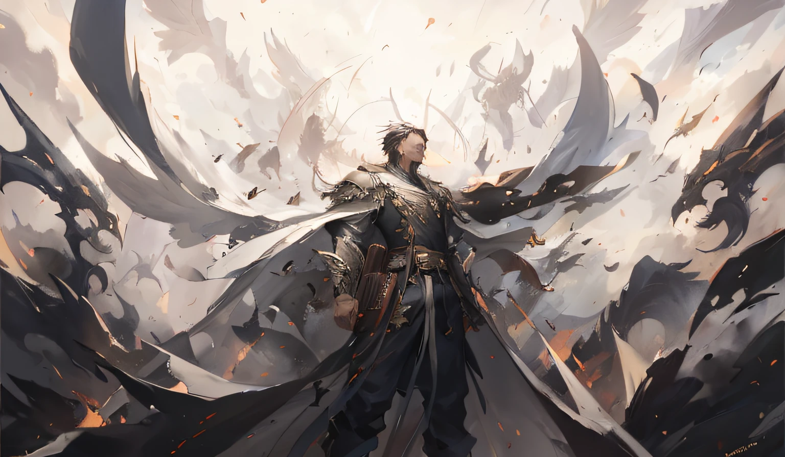 anime, a man with a large wings and a cape is standing in front of a huge fire, by Yang J, style of raymond swanland, by Shen Zhou, by Bayard Wu, inspired by Raymond Swanland, anime epic artwork, epic fantasy digital art style, by Zhou Chen, by Jeremy Chong, by Feng Zhu, epic fantasy artwork