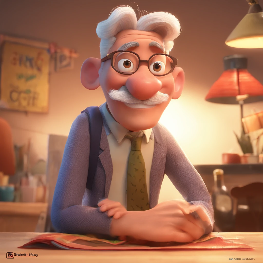 Crie um cartaz inspirado na Disney Pixar com o personagem sendo o deputado Keniston Braga, A white-haired man wearing glasses, the scene will be in Pixar's distinctive digital art style. Focus on character expressions, Vibrant colors and detailed textures present your animations, with the title " Keniston Braga no meio, Quero a cena dos principais filmes do PIXar