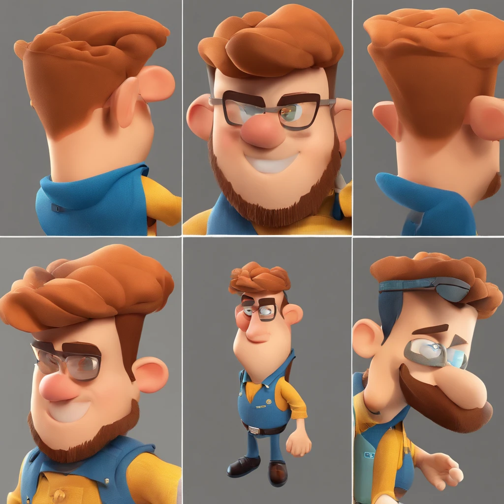 Criar um personagem no estilo Pixar. Trata-se de um homem de 30 anos, com barba, Branco, com cabelos castanhos curtos e um quiff, e olhos castanhos. Ele deve estar na frente de um computador, Trabalhar como designer