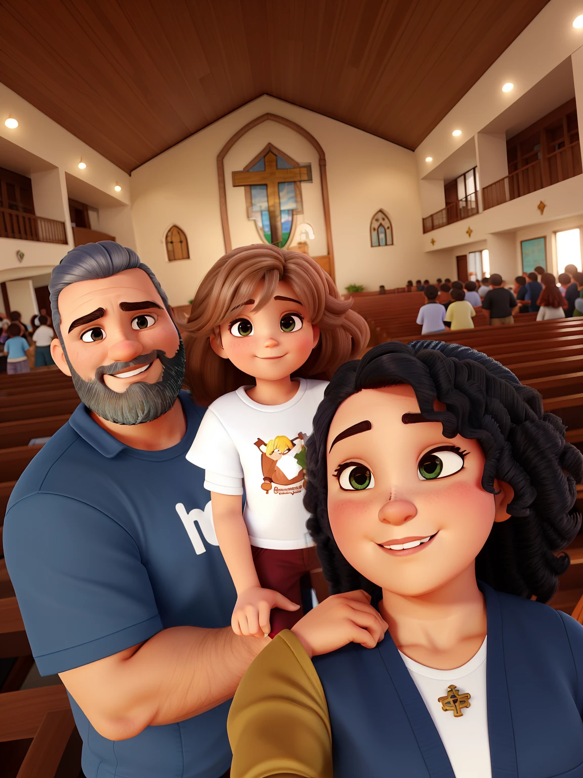 Uma bela mulher de cabelos cacheados tirando uma self dentro de uma igreja com sua filha de cabelos cacheados no colo de seu pai homem forte e barbudo
