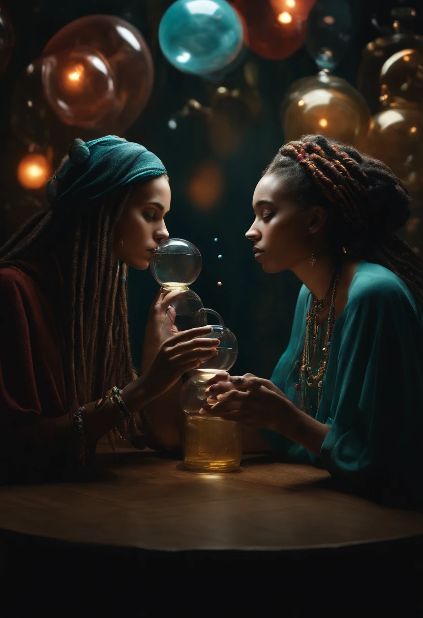There are two women with dreadlocks blowing bubbles in a dark room, Darius Zawadzki e Tom Bagshaw, um ciborgue biopunk adolescente, psychedelic colouring, Vasos fumegantes, 3 d render of a shaman, oxygen mask, beautiful gemini twins, soprando chiclete, moda hippie