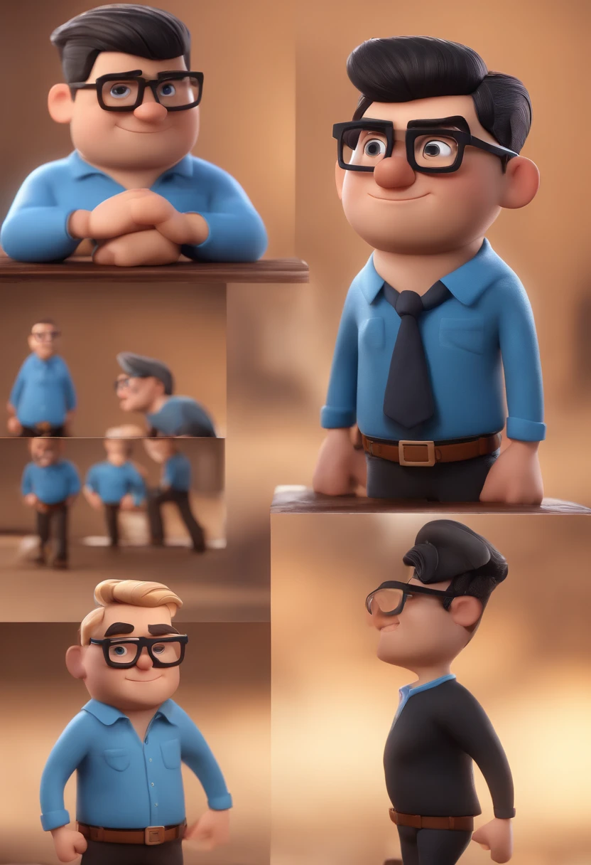 Cartoon character of a man with black glasses and a blue shirt, animation character, Caractere estilizado, animation style rendering, 3D estilizado, Arnold Maya render, 3 d render stylized, toon render keyshot, Personagem 3D, Personagem 3D, 3d rendering stylized, 3 d character render, personagem de desenho animado, Personagem de close up, Pose de personagem,  (Estilo Pixar) (master part:1.2) (Bokeh) (best quality) (pele detalhada) (textura detalhada) (8k) (argila) (Cinematic lighting) (foco nítido