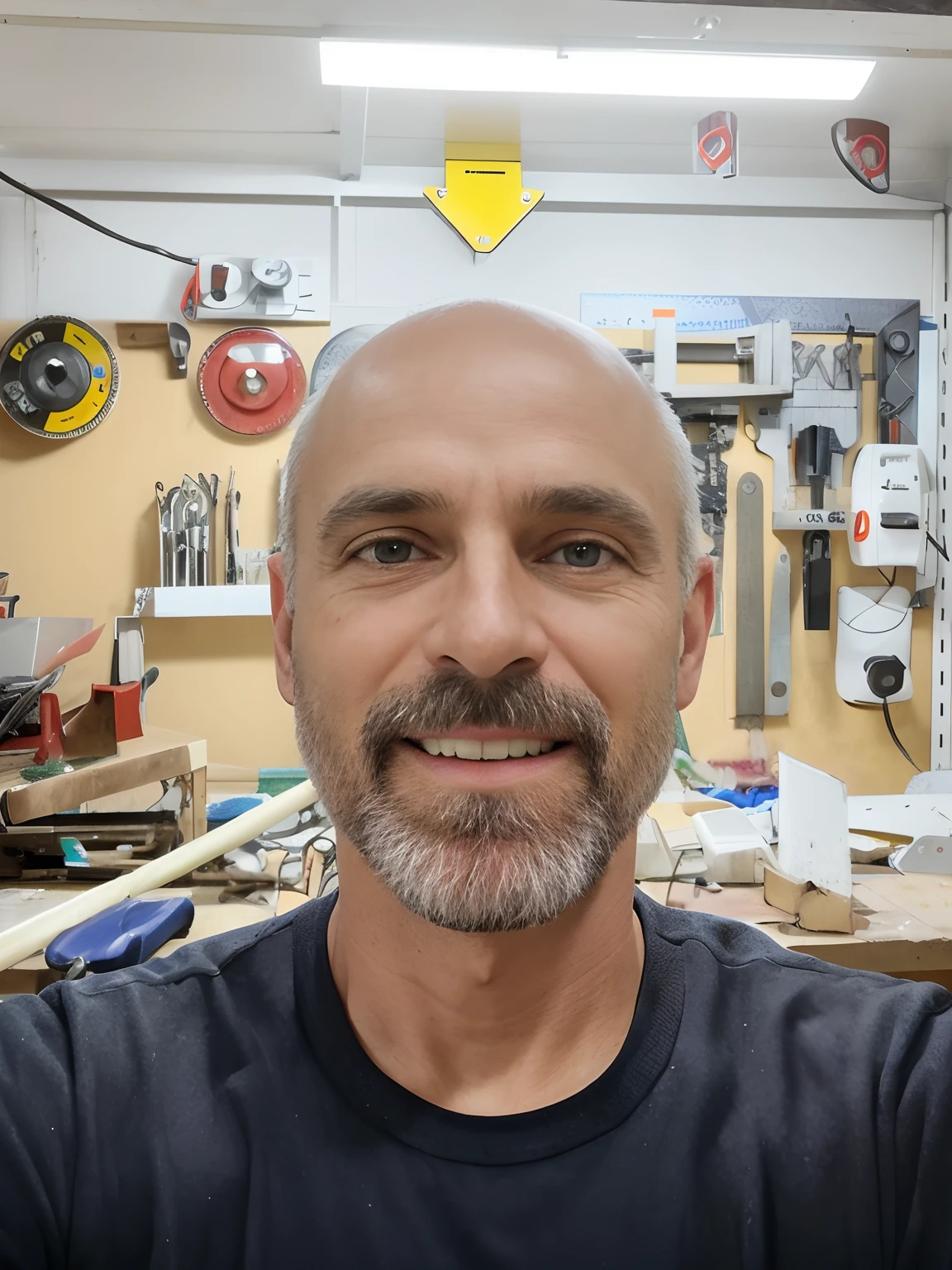 There's a man who's in a workshop with a beard, Fotografia selfie 8k, em uma oficina, staring directly at camera, com um grande sorriso louco, foto de perfil headshot, escultura em madeira profissional, staring directly at camera, Head and shoulders on the board, Looking towards the camera, Homens de 45 anos, Homem de 4 0 anos, selfie de um homem