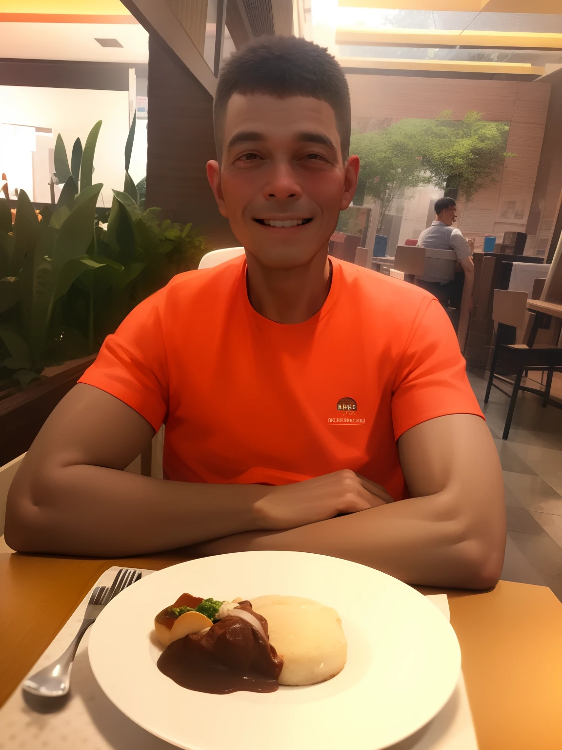 homem sorridente sentado em uma mesa com um prato de comida, ele tem cerca de 5 0 anos de idade.