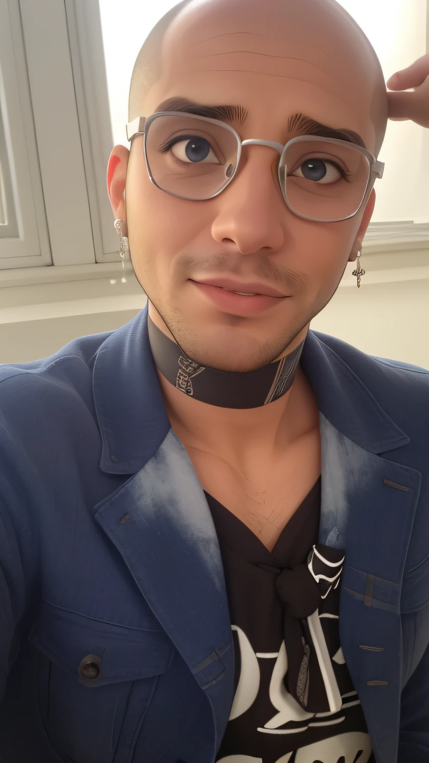 Um homem de 29 anos, com careca ,face de diamante, olhar rigoroso, e olhos castanhos, Wearing white white shirt with tie and glasses.