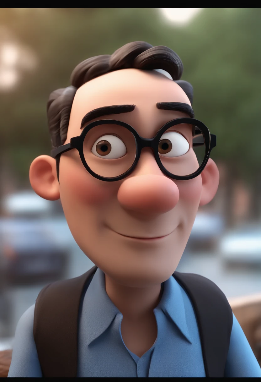 Cartoon character of a man with black glasses and a blue shirt, animation character, Caractere estilizado, animation style rendering, 3D estilizado, Arnold Maya render, 3 d render stylized, toon render keyshot, Personagem 3D, Personagem 3D, 3d rendering stylized, 3 d character render, personagem de desenho animado, Personagem de close up, Pose de personagem,  (Estilo Pixar) (master part:1.2) (Bokeh) (best quality) (pele detalhada) (textura detalhada) (8k) (argila) (Cinematic lighting) (foco nítido