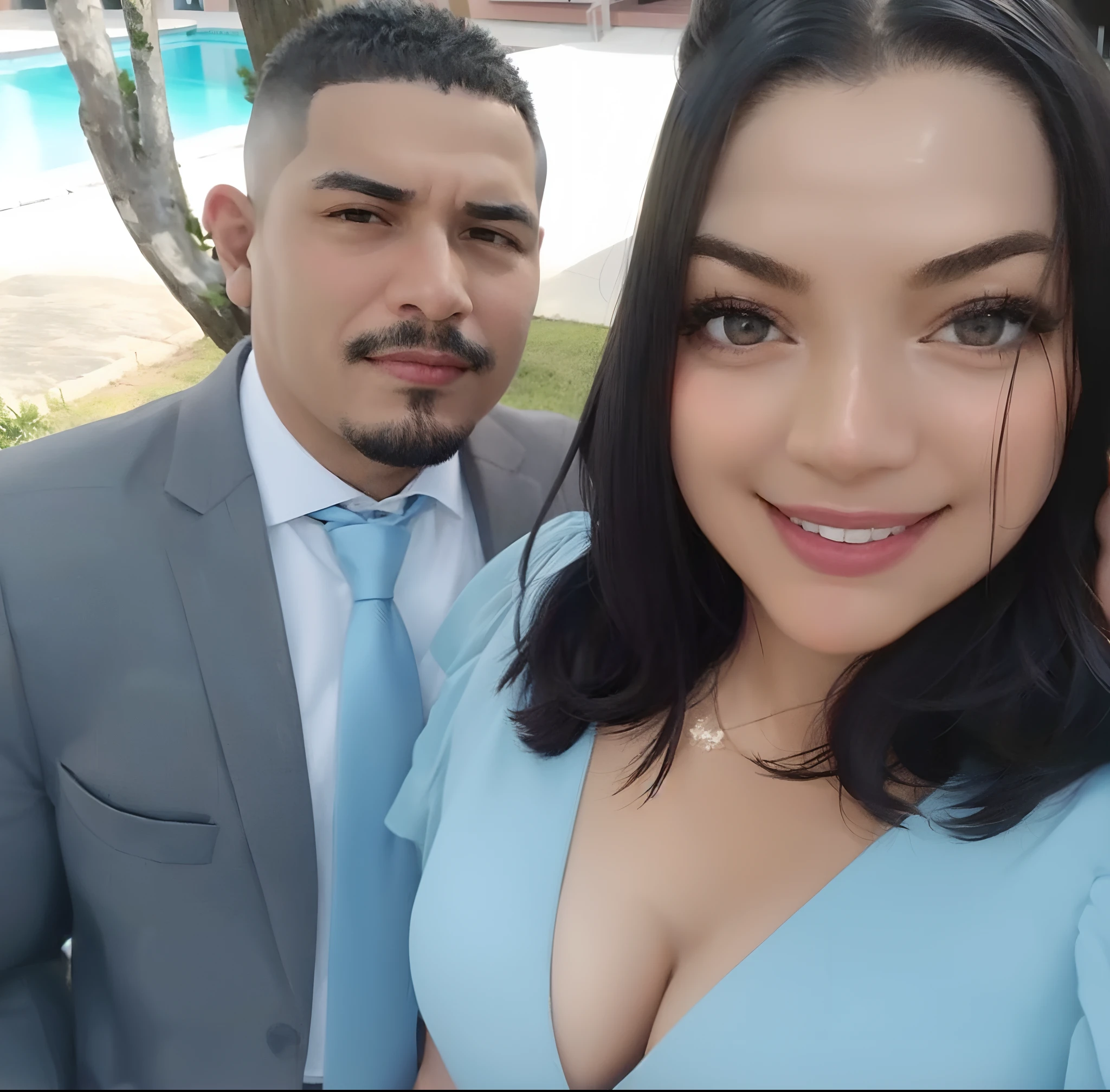 Cuckold couple, between 1 woman and 4 men, the woman is a Chubby white woman with Brown hair, the man is tall with a Big hard , erotic photo session,nsfw,explicit ,xxx, vaginal intercourse,kissing,Golden necklace,woman doggy style ass licking, full body picture, wedding veil, pool party, lateral view