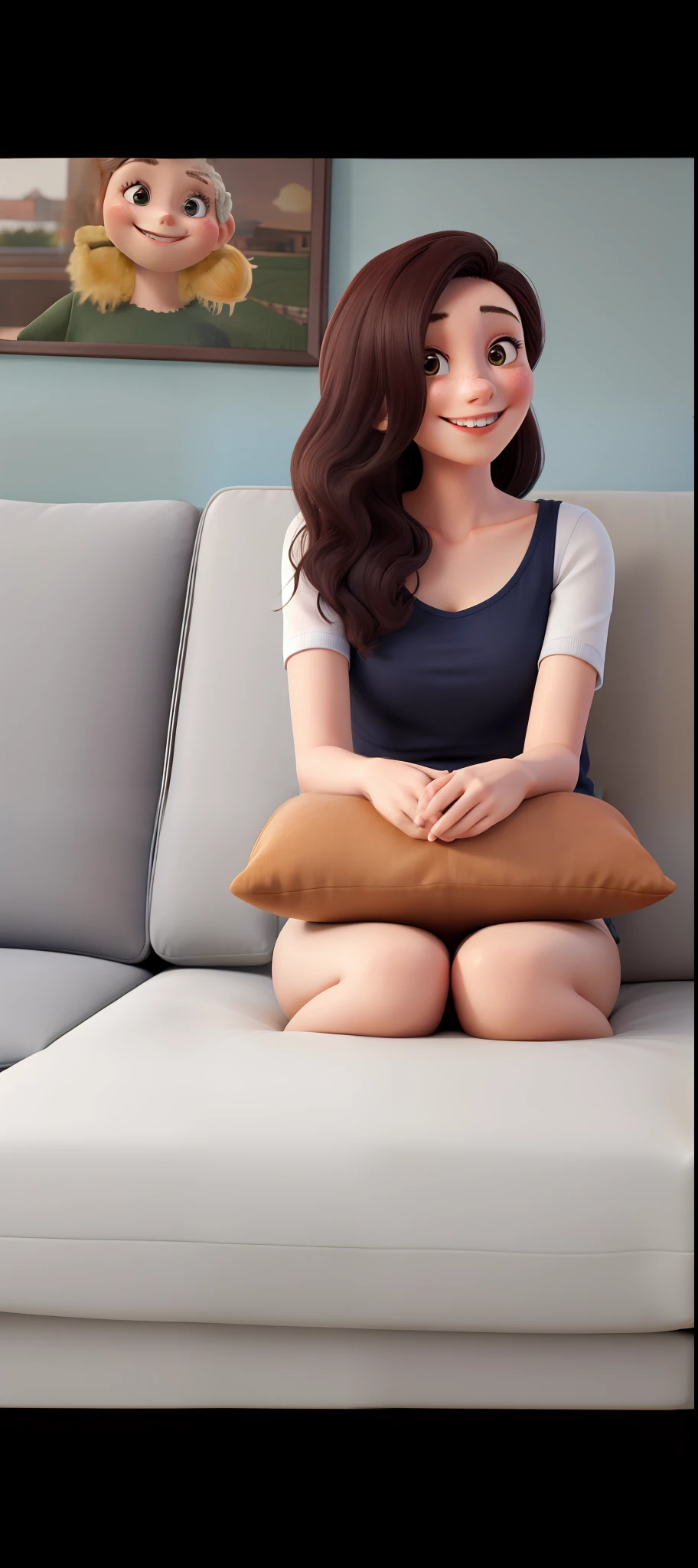 Young lady, sorrindo, cabelos cacheados sentada no sofa