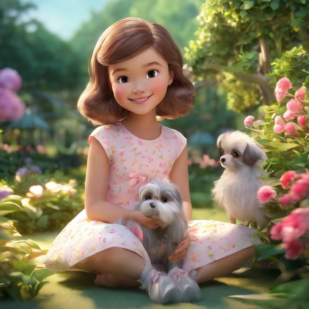 (4k, ultra-detailed), a beautiful 5--old l with a radiant smile, sitting in a lush garden. She is accompanied by her faithful friend, Luna, a Shih Tzu dog with a soft and fluffy white coat. The girl's eyes are bright and sparkling, complimented by long eyelashes. Her lips are delicate and detailed, giving her a charming and innocent expression.
The garden is teeming with vibrant flowers and lush greenery. The air is filled with the sweet scent of blooming roses and the melodious chirping of birds. Sunlight gently filters through the canopy of trees, casting a warm and inviting glow on the scene.