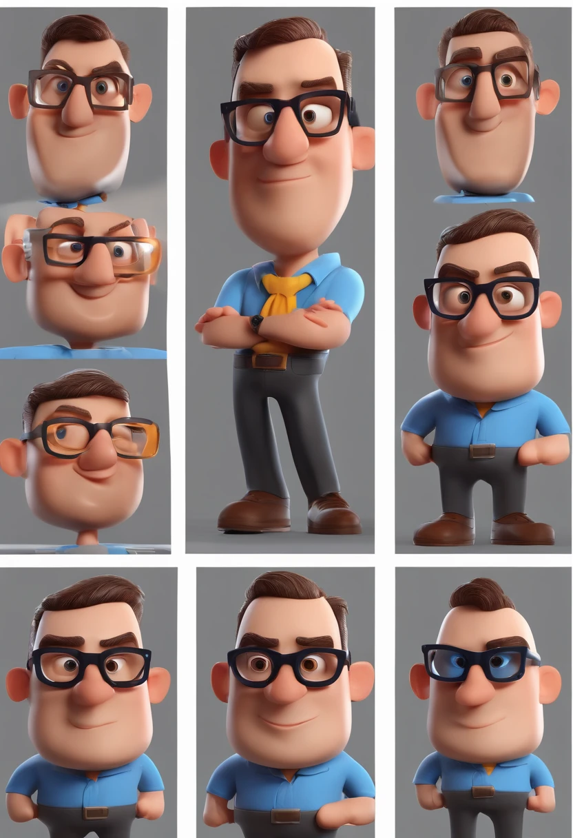Cartoon character of a man with black glasses and a blue shirt, animation character, Caractere estilizado, animation style rendering, 3D estilizado, Arnold Maya render, 3 d render stylized, toon render keyshot, Personagem 3D, Personagem 3D, 3d rendering stylized, 3 d character render, personagem de desenho animado, Personagem de close up, Pose de personagem,  (Estilo Pixar) (master part:1.2) (Bokeh) (best quality) (pele detalhada) (textura detalhada) (8k) (argila) (Cinematic lighting) (foco nítido