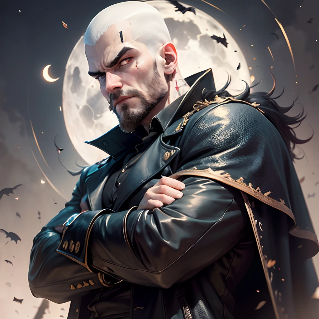 style of the Goya painter. A vampire with a slender frame, his pale skin almost glowing in the moonlight, stands atop a pile of . His shaved head and thick black beard give him a menacing appearance, as he surveys his domain with a cold, calculating gaze. --auto --s2