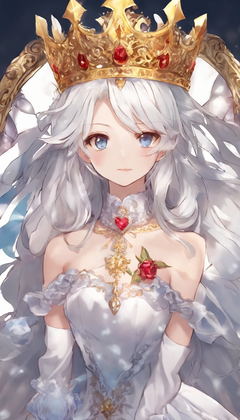 solo, 1girl, (masterpiece), ((20 year old appearance)), adult white hair, short hair, white eyes, anime girl, small Golden crown with a ruby in the middle, Blue dress, Throne of ice
