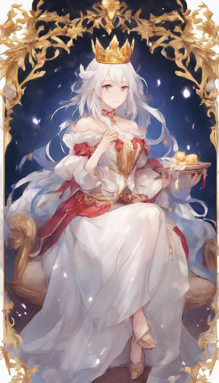 solo, 1girl, (masterpiece), ((20 year old appearance)), adult white hair, short hair, white eyes, anime girl, small Golden crown with a ruby in the middle, Blue dress, Throne of ice