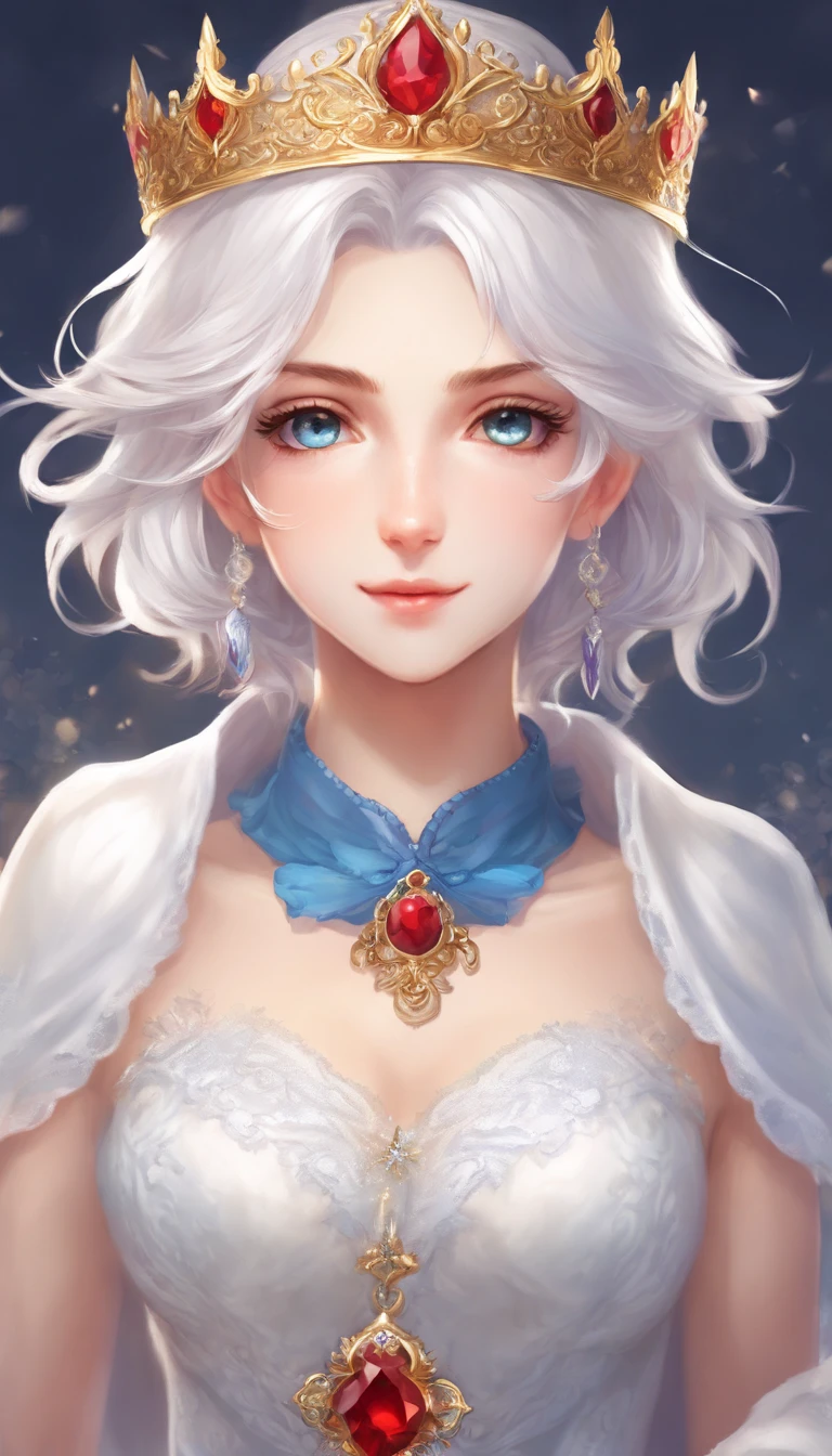 solo, 1girl, (masterpiece), ((20 year old appearance)), adult white hair, short hair, white eyes, anime girl, small Golden crown with a ruby in the middle, Blue dress, Throne of ice