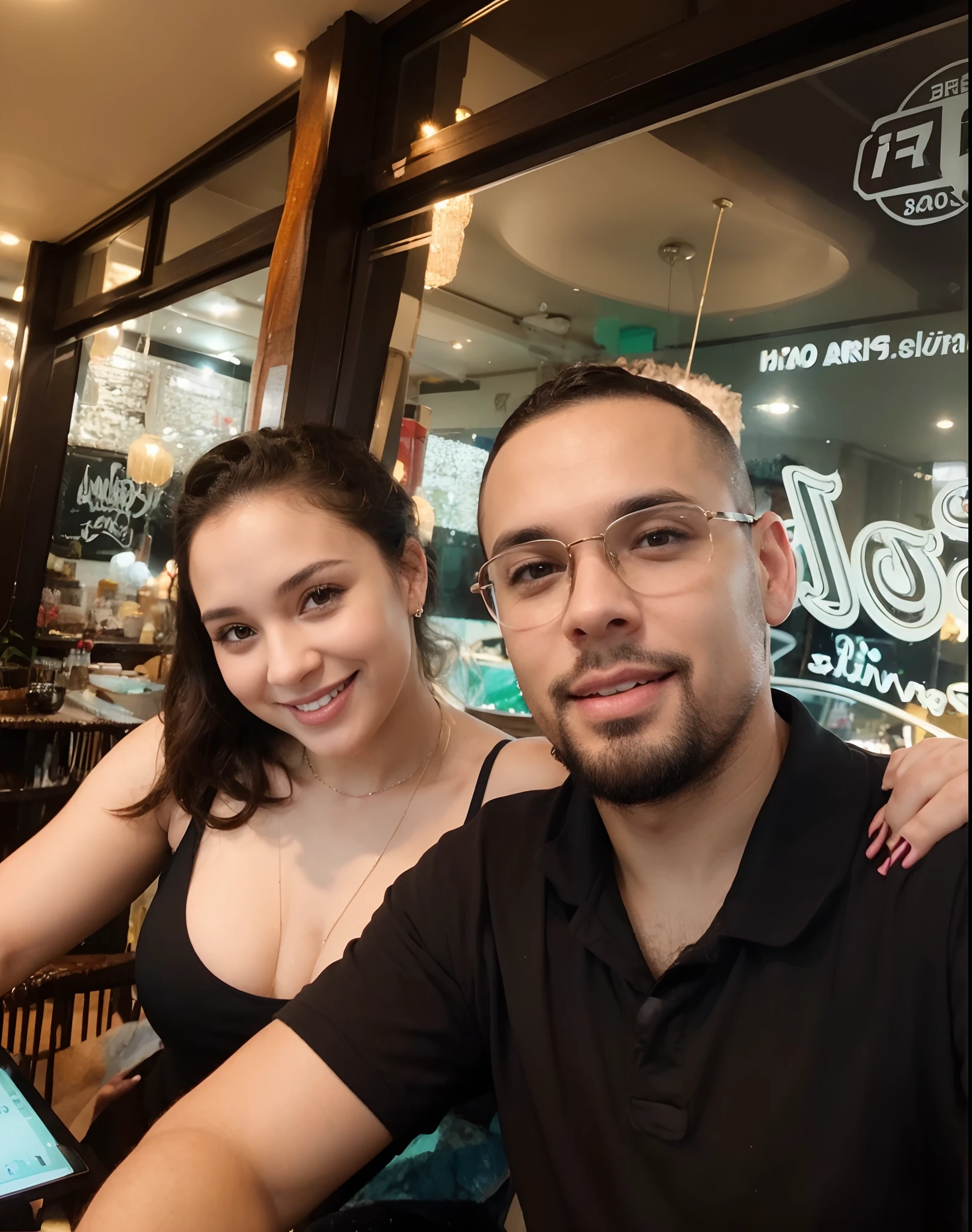 An illustration of an adorable couple, Highlight for a chubby mulatto man with smiling glasses and a brunette woman with beautiful expressive eyes - the man's skin is mulatto and the man's hair has, while the woman's skin is black and the woman's hair is straight and brown. They are a bright room, cada um com um sorriso no rosto, e compartilhar um momento especial caracterizado pelo amor, Insights. Illustrate this scene from a perspective where they are facing the camera, Smiling and Showing Your Connection. Desenvolva esta arte em Full HD, Focus on your cinematic touch, Estilo Disney Pixar Animations