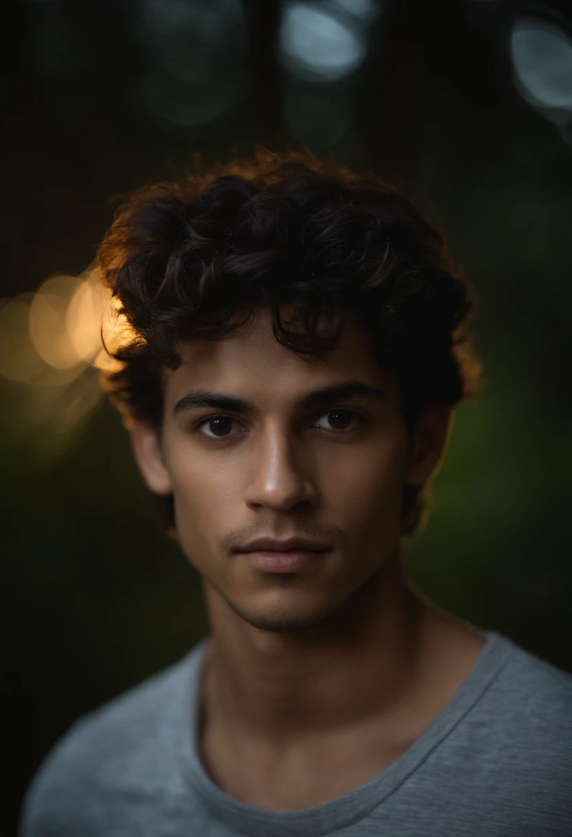 young man, 20 anos, cabelos loiros, olhos castanhos, boca carnuda, musculoso, tatuagem de aranha entre o peitoral, corte de cabelo de dois blocos, com asas de anjo nas costas, sem camisa usando uma jaqueta de couro preta, Standing in the woods at night, retrato, magic light, cercado por neblina