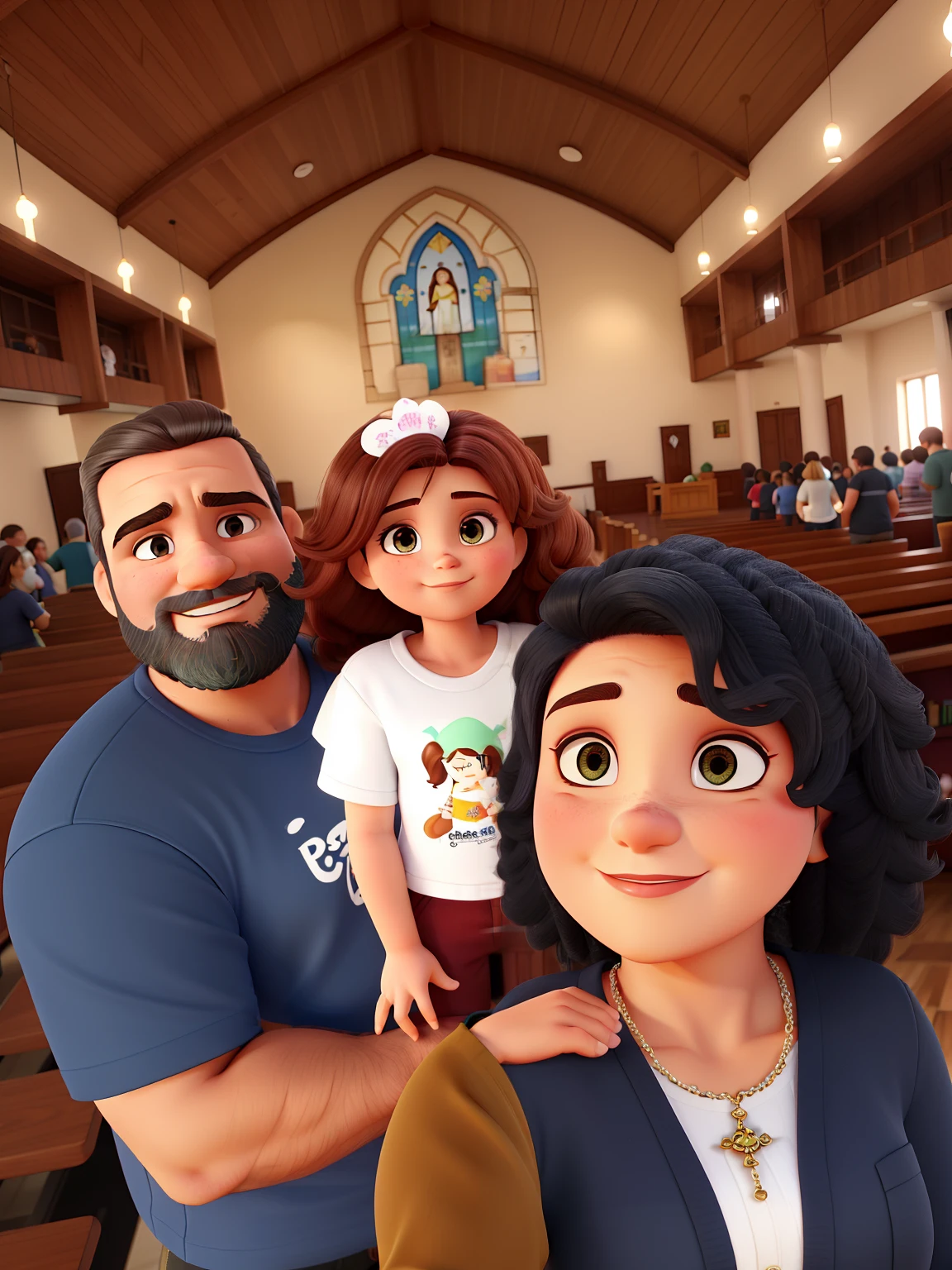 Uma bela mulher de cabelos cacheados tirando uma self dentro de uma igreja com sua filha de cabelos cacheados no colo de seu pai homem forte e barbudo