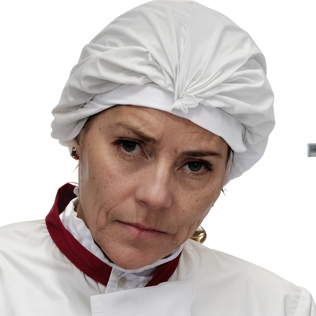 There's a woman in a white uniform holding a knife, agora, usando touca de dentista